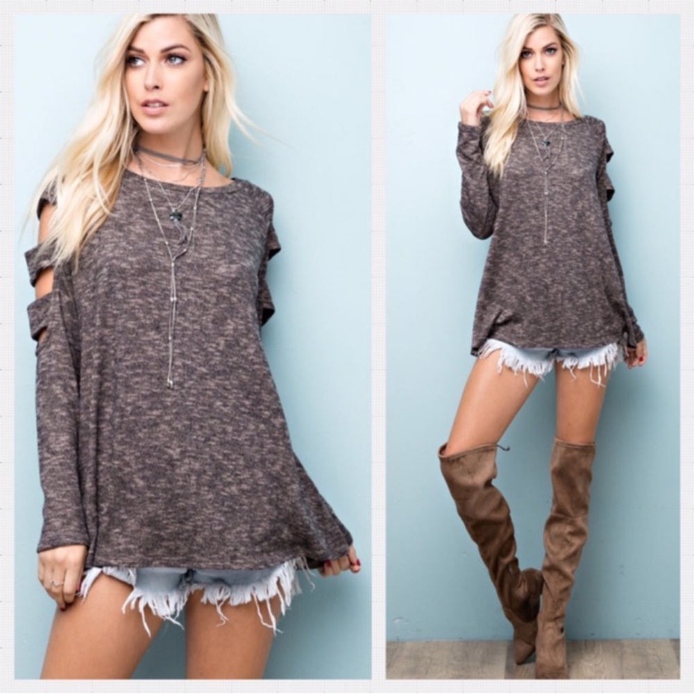 Cozy Cutout Shoulder Long Sleeve Top - Mocha